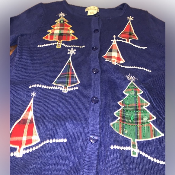 Vintage Festive Blue Knit Sweater Embroidered Sequins Plaid Trees Snowflakes XL - Picture 6 of 12